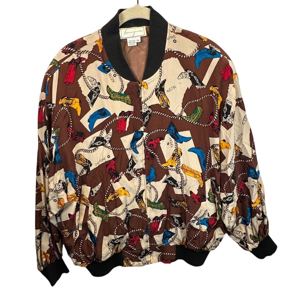 Spencer Jeremy Vintage 100% Silk Bomber Jacket Brown Western Cowboy Boots Medium